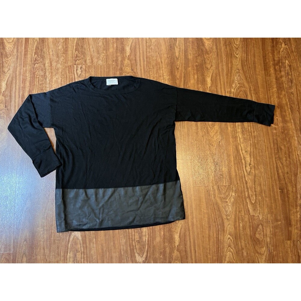Snobby Sheep Cashmere & Silk faux Leather Black Crew Neck Sweater Size 44 L/XL
